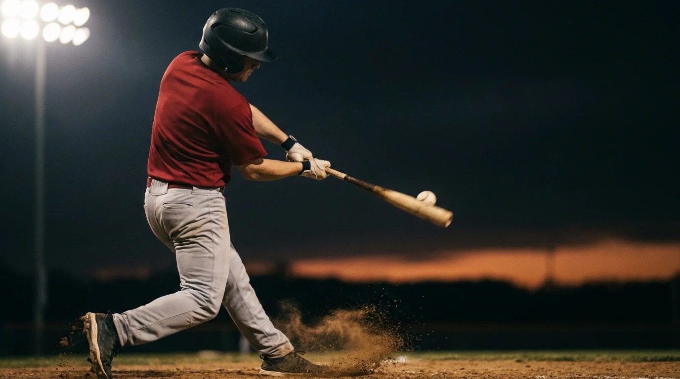A hitter at the moment of contact under field lights