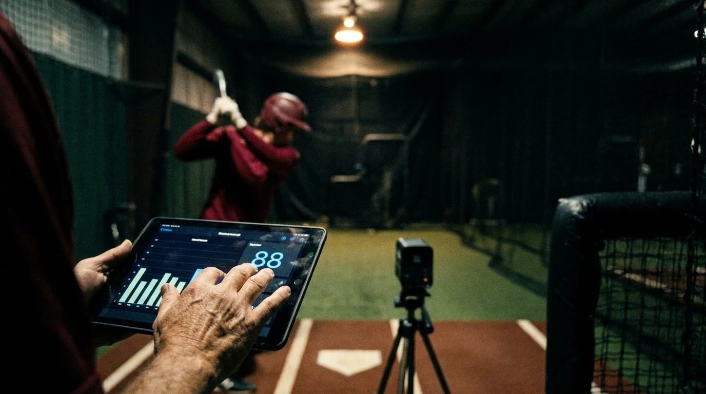 A coach reads a player's numbers on a tablet while he hits